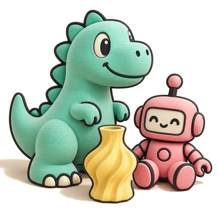 Khủng long mint, robot hồng và bình vàng in 3D